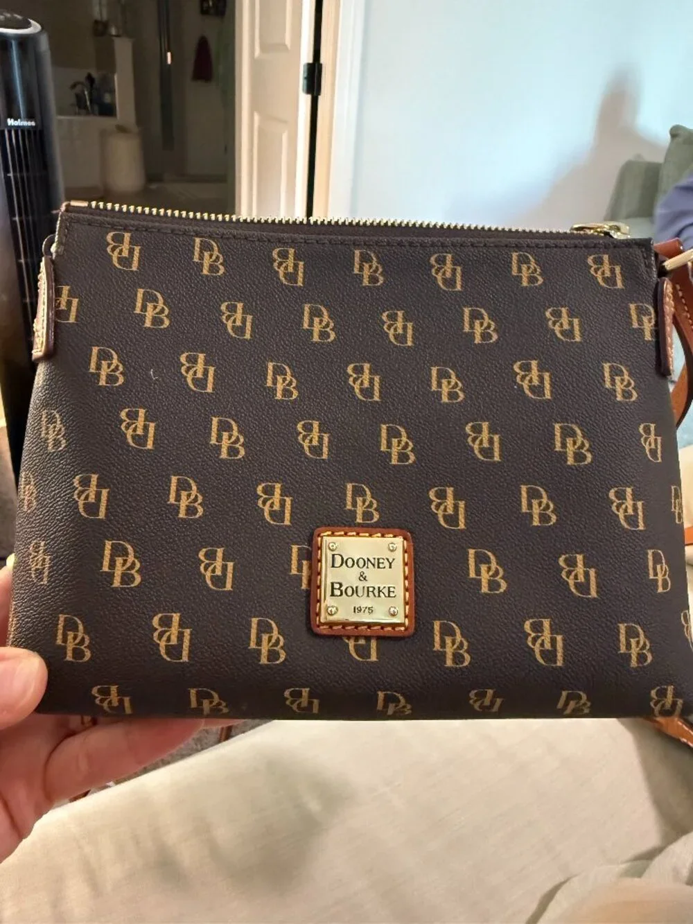 Dooney & Bourke Brown and Tan Logo Crossbody with Gold Plaque